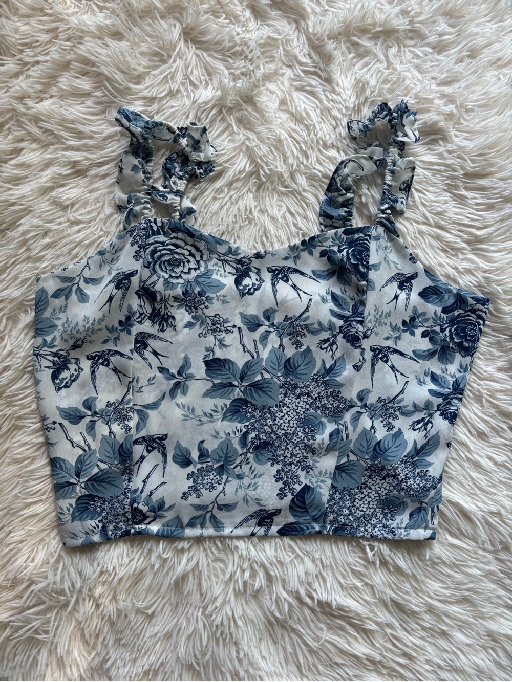 Sunday Blue Floral Ruffle Strap Crop Top